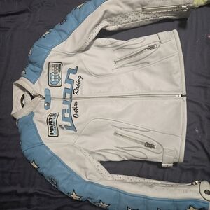 White and Blue Racing Leather Jacket